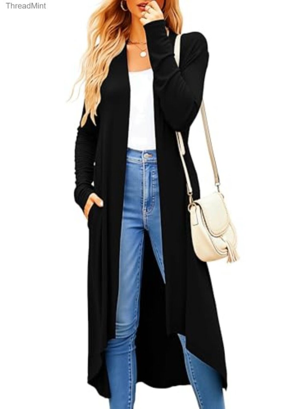 Womens Lightweight Long Sleeve Open Front Duster Cardigan with Pockets